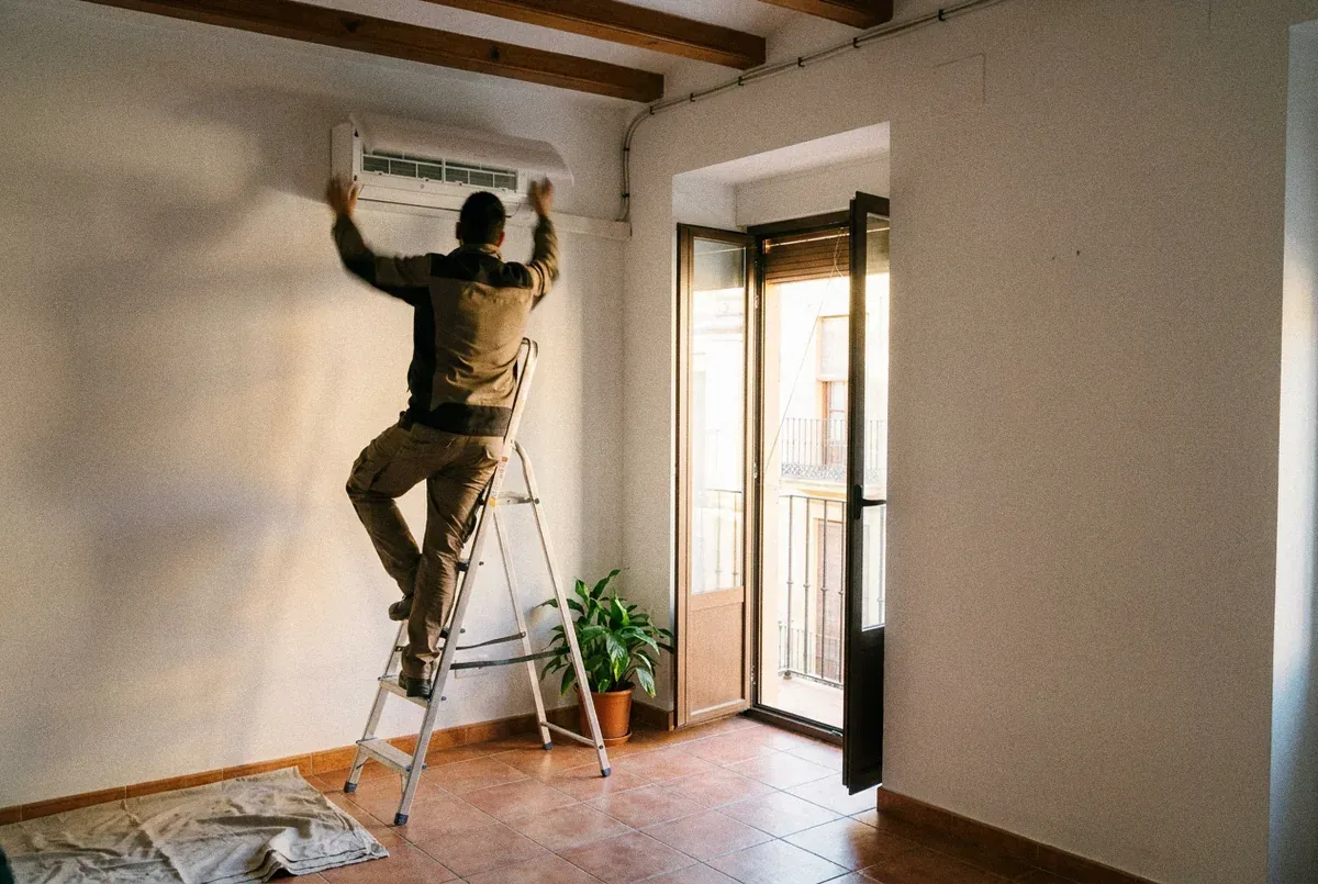 Un instalador subido a una escalera termina de cerrar la tapa de una unidad interior de aire acondicionado colocada en alto, junto al techo de vigas de un salón valenciano.