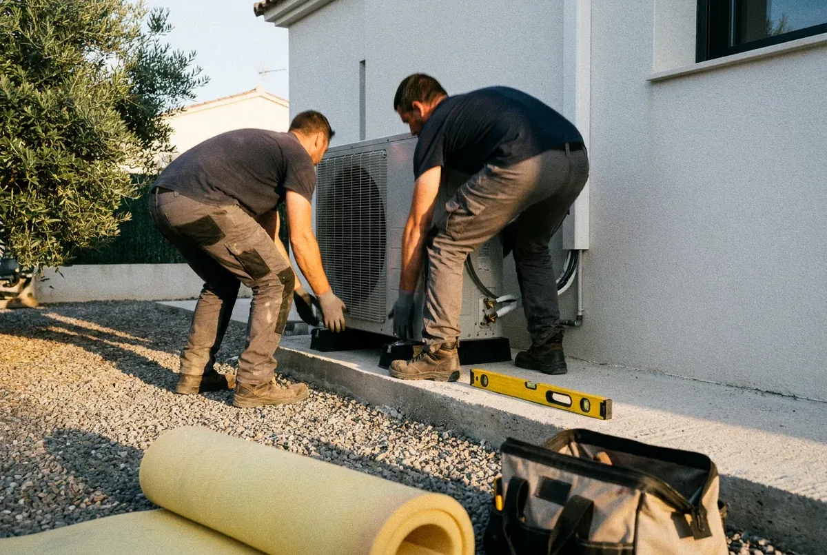 Dos instaladores bajando entre los dos una unidad exterior sobre una bancada de hormigón, a primera hora, con la plancha antivibratoria y la bolsa de herramientas en el suelo.